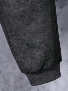 2pcs/Set Teen Boy Winter Streetwear Hoodie And Sweatpants Set, Vintage Wash - Black - View 3