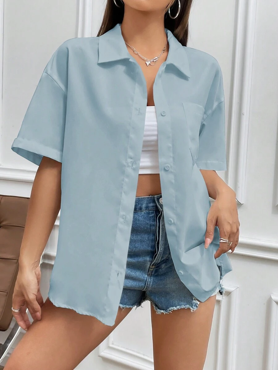 SHEIN Unity Áo sơ mi nữ tay ngắn trễ vai màu trơn rộng rãi thường ngày - Màu xanh lam - Xem 1
