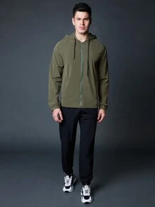 Gym Rark Boyfriend Style Men's Solid Color Hooded Long Sleeve Zip Up Sports Jacket Workout Top Sports Jacket - Army Green - View 3