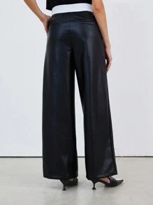 SHEIN Privé Stylish Colorblock Elastic Waist PU Leather Design Loose Fit Pants Fall Cloth For Women - Black - View 2