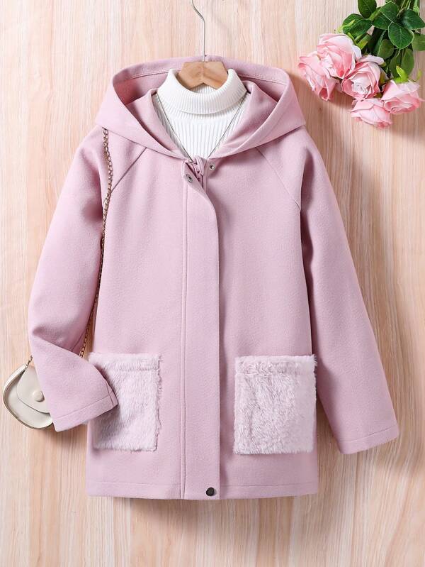 SHEIN Chaqueta con capucha con bolsillos de piel sintética y mangas raglán para niña preadolescente en otoño e invierno