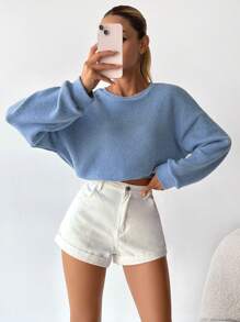 EURMUSE Solid Drop Shoulder Crop Sweatshirt - Baby Blue - View 1