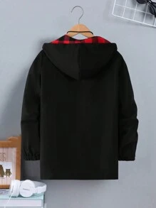 Tween Boy Personality Snap Placket Plaid Patchwork Black Solid Color Windbreaker Jacket, 2 In 1 Youngster Red & Black Checked Floral Windproof Winter Casual Outerwear, Fashion Boy Tops