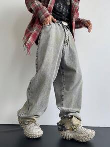 Manfinity Roghcode Quần Jeans Denim Vintage Thường Ngày Cho Nam, NEON BLANC - Màu Xám nhạt - Xem 3