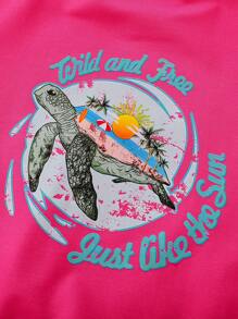 Tween Girls' Sea Turtle & Letter Print Crew Neck Long Sleeve Sweatshirt - Hot Pink - View 5