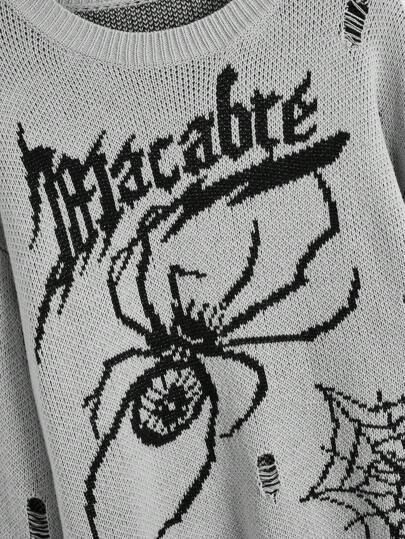 Grunge Punk Tricot femme décoloré avec imprimé toile d'araignée pour Halloween