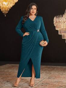 Modelyn Plus Size Solid Color V Neck Slit Long Sleeve Dress,Elegant Evening Party Dress - Teal Blue - View 6