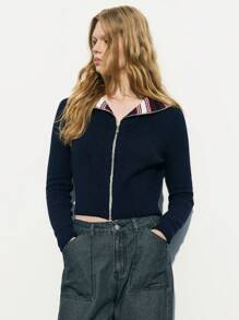 Maija Women's Collegiate Chic Casual Comfortable Fitted Zippered Collared Sweater - Navy Blue - View 7