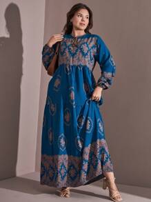 RueChic Plus Size Retro Print Lace-Up Long Sleeve Dress With Ruffled Hem, Elegant, Fashionable And Gentle - Blue - View 1