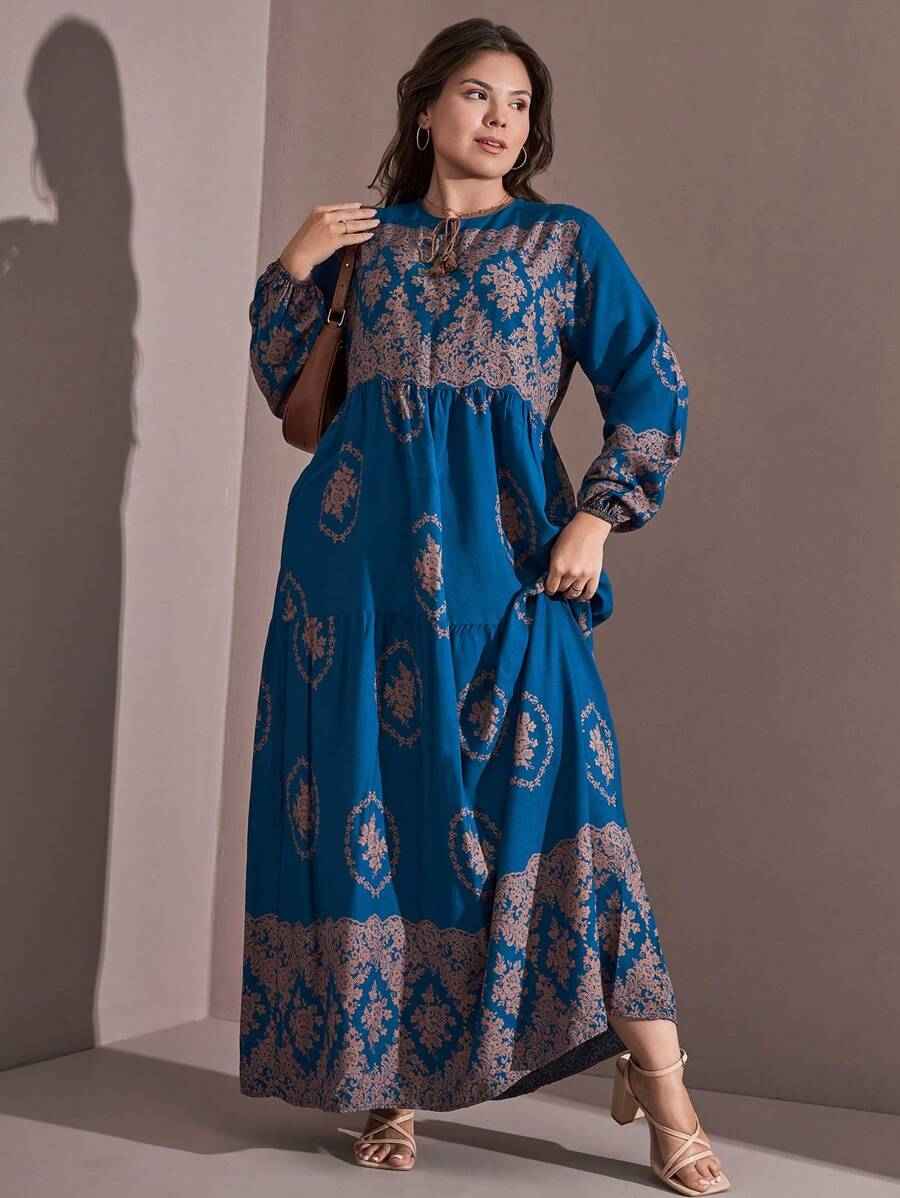 RueChic Plus Size Retro Print Lace-Up Long Sleeve Dress With Ruffled Hem, Elegant, Fashionable And Gentle - Blue - View 1