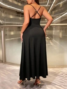 Celure Plus Size Plunge V Neck Criss-Cross A-Line Slip Dress - Black - View 3