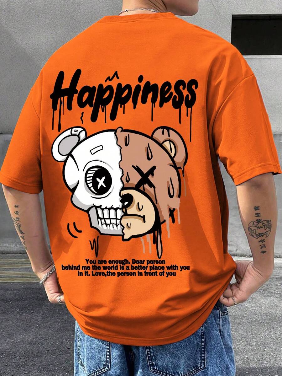 Manfinity Roghcode 男士休闲卡通口号印花 T 恤，夏季，图案 T 恤 - 橘色 - 查看 1