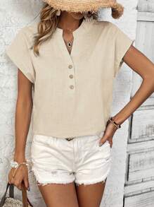 EMERY ROSE 夏季假期休閒純色凸口領短袖襯衫 - 杏色 - 查看 3