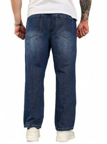 Manfinity Homme Plus Size Men's Letter Print Patch Pocket Straight Loose Casual Denim Jeans - Medium Wash - View 2