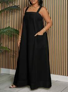 Slaydiva Plus Size Vacation, Elegant & Casual Loose Solid White Sleeveless Pocketed A-Line Dress For Women, Spring And Summer ,Black Dress - Black - View 1