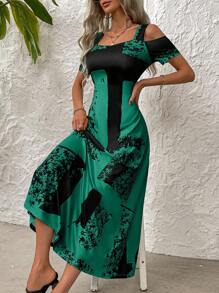 EMERY ROSE Đầm Maxi thường ngày hở vai tay ngắn nhuộm loang màu cho nữ, mùa hè - màu xanh lá - Xem 6