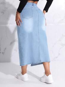 Slaydiva Váy denim dài maxi xẻ tà túi size lớn cho nữ - Rửa nhẹ - Xem 2