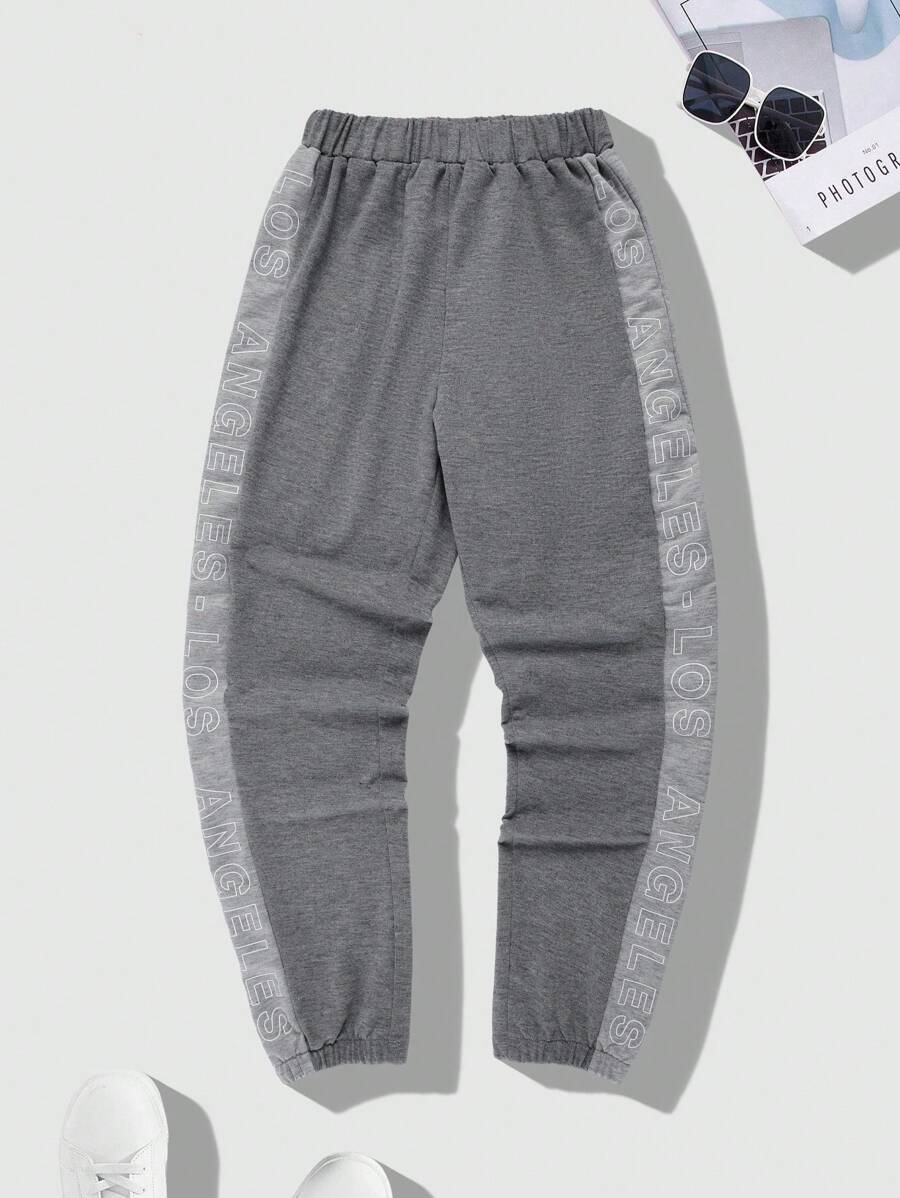 Solid Gray Teenage Boys Sports Casual Sweatshirt With Letter Print Patchwork Pants, Versatile Autumn Winter Outfit