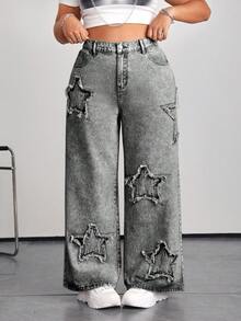 SHEIN ICON 大码女式宽松星空印花灰色阔腿牛仔裤 - 深灰色 - 查看 5