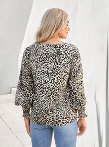 SHEIN LUNE Women's Casual Khaki Leopard Print Tie Front Loose Knit Shirt With Puff Sleeves - Multicolor - View 2