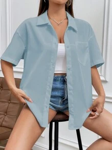 SHEIN Unity Áo sơ mi nữ tay ngắn trễ vai màu trơn rộng rãi thường ngày - Màu xanh lam - Xem 3
