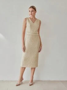 MOTF PREMIUM TWEED PLAID PATTERN V-NECK RAW TRIM DRESS - Khaki - View 6