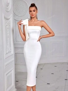 Elisanya Vestido de cóctel ADYCE de un hombro, unicolor, con lazo decorativo, escote strapless, abertura en la espalda y hasta la rodilla, blanco, elegante y semiformal para bodas, cumpleaños, graduación, cena o eventos