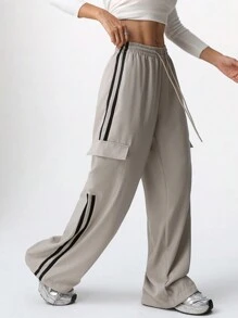 SHEIN EZwear Pantaloni cargo casual da donna con coulisse in vita e blocchi di colore a righe - Cachi - Visualizzare 4