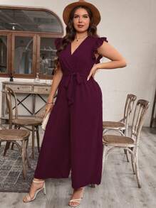 Breezaya Plus Size Women's Solid Color Overlap V-Neck Cap Sleeve Wide Leg Elegant Jumpsuit - Purple - View 5