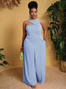 Plus Size Solid Color Asymmetric Neck Wide Leg Jumpsuit - Blue - View 5
