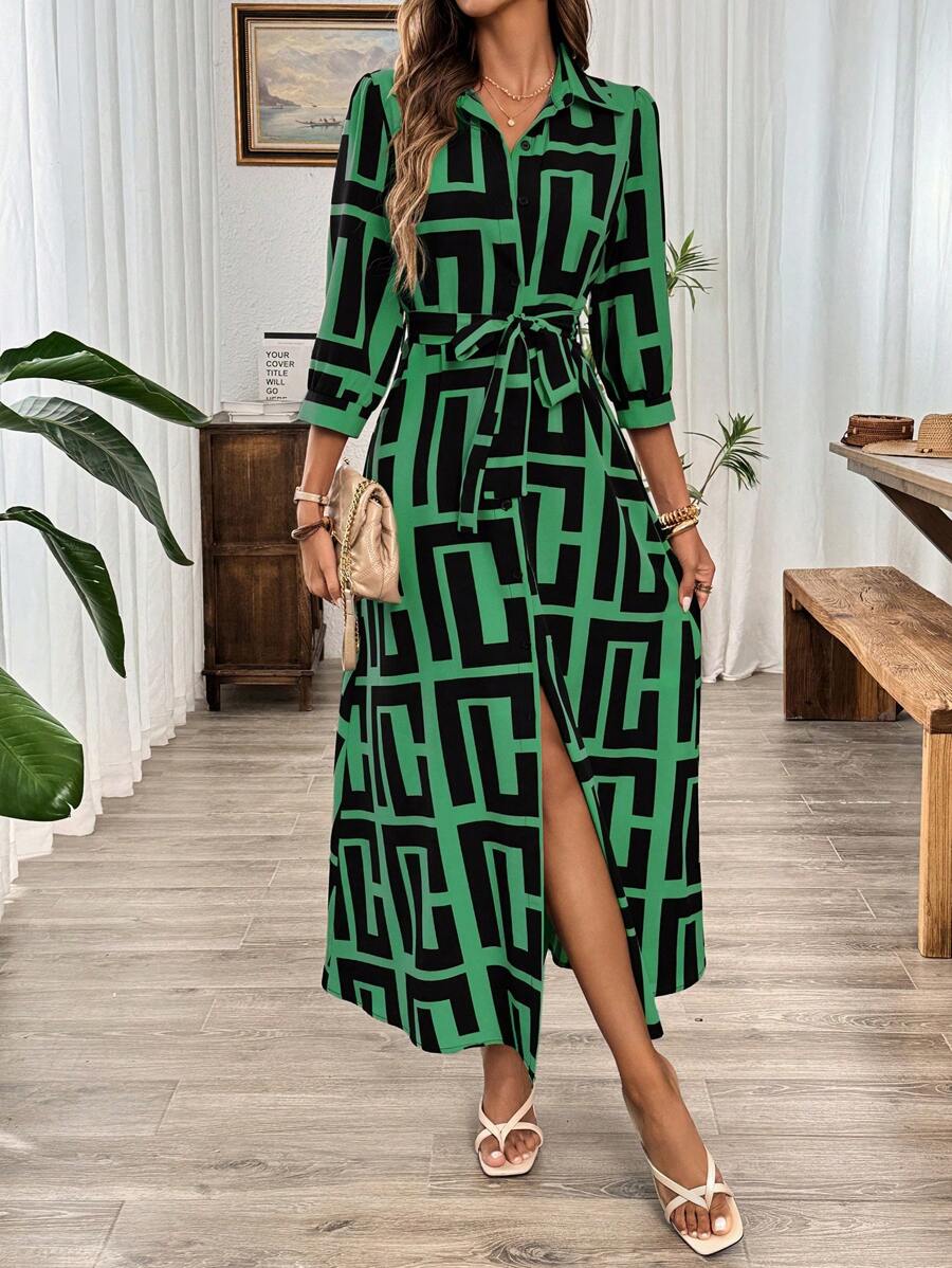 SHEIN Clasi Brown Graphic Print 3/4 Sleeve Maxi Button-Down Dress - Green - View 1