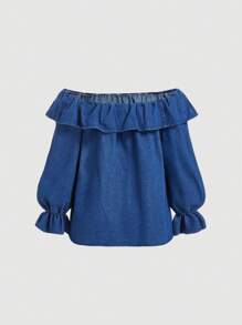 SHEIN MOD 女士露肩宽松长袖牛仔上衣，蓝色 - 淺色水洗藍 - 查看 2