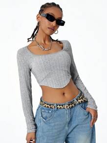 SHEIN Coolane Women's Fall Basic Streetwear Fashion Knit Cable-Knit Textured Fitted  Long Sleeves Grey Tee For Back To School