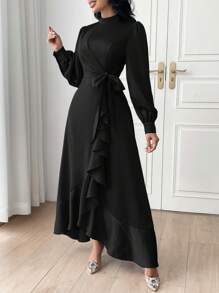 Modelyn Women Fashion Solid Color Belted Long Sleeve Dress,Elegant Evening Party Dress Long Evening Dresses - Black - View 5