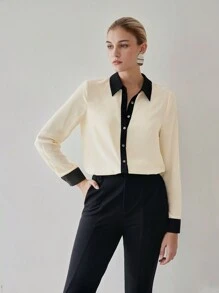 MOTF PREMIUM CONTRAST TRIM LONG SLEEVE SHIRT - Black and White - View 5