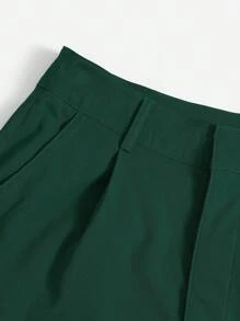 SHEIN Essnce 纯色夏季休闲日常编织短裤 - 墨綠色 - 查看 4