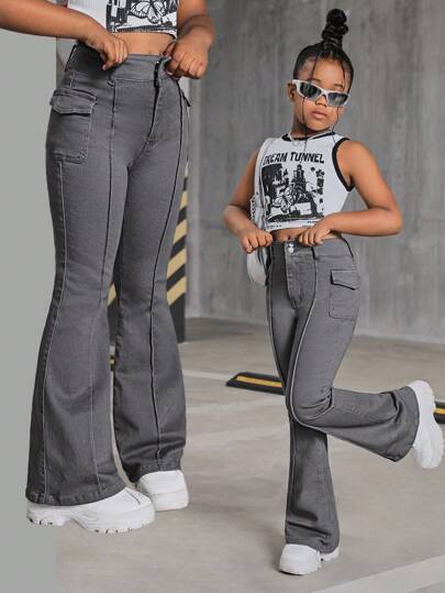 SHEIN Tween Girls Y2K 时尚复古风格灰色翻盖细节接缝细节牛仔喇叭腿牛仔裤，女孩秋装返校装