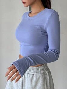 DAZY Áo thun nữ cổ tròn ấm áp, ôm vừa vặn - Màu xanh lam - Xem 4