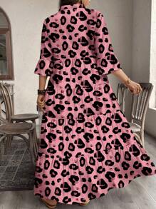 SHEIN LUNE 1 pieza Vestido rosa con estampado de leopardo de manga larga con cuello en V y fruncido, adecuado para otoño - Rosa - Ver 4