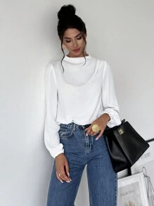 Firerie 女士时尚优雅办公室通勤白领肩部荷叶边泡泡袖衬衫 - 白色 - 查看 4