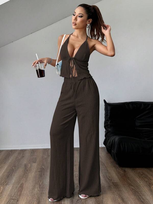 SHEIN Clasi Completo estivo da donna composto da canotta con scollo ad aletta e plissettatura sexy e pantaloni larghi e morbidi