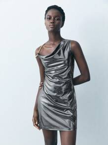 Maija Vestido corto de verano para mujer con cuello asimétrico metálico, vestido metálico, vestido de brillo, vestido brillante