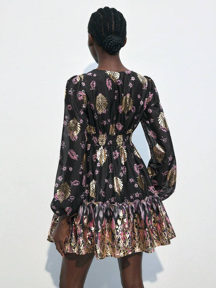 SHEIN Maija Women's Spring/Summer Floral Foil Print Lantern Sleeve Elegant Mini Dress