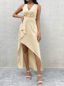 SHEIN Privé Women's Summer Casual Elegant Vacation Romantic Dating Wedding Cocktail Party V-Neck Ruffle Trim Asymmetrical Hem Waist Fit Midi Sleeveless Dress - Yellow - View 4