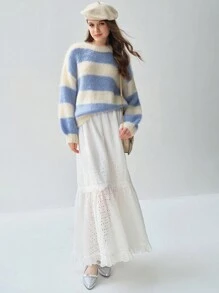 Enchnt 女士撞色圆领长袖休闲毛衣 - 藍色 - 查看 7