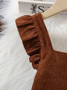 Young Girl Brown Strap Dress, Made Of Classic Corduroy Fabric, Stylish And Warm. The Strap And Ruffle Design Add Sweetness, Suitable For Casual Daily Wear And Outdoor Activities, Fit For Autumn/Winter Season