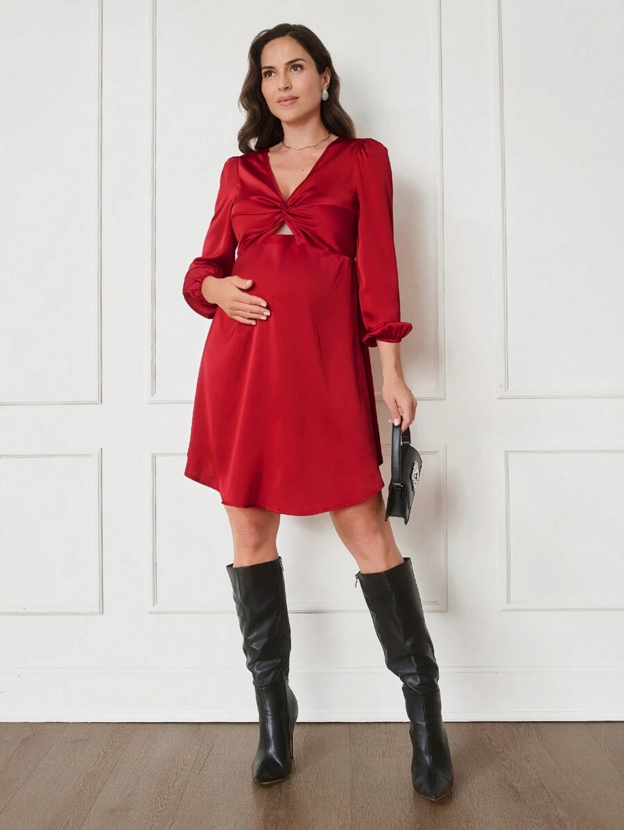 MaterniWear Vestido burdeos con mangas farol acampanadas, fruncido y abertura delantera para embarazada en primavera - Rojo - Ver 1