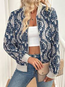 SHEIN LUNE 25+ Áo khoác họa tiết hoa thanh lịch giản dị Colorblock - Màu xanh lam - Xem 5