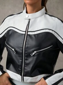 SHEIN BAE Women's Contrast Color Zipper Long Sleeve Casual Jacket Fall Women Jackets Going Out Tops Winter Women Coat Fall Jackets Winter Women Clothes Fall Women Clothes Leather Women Jacket - Multicolor - View 7
