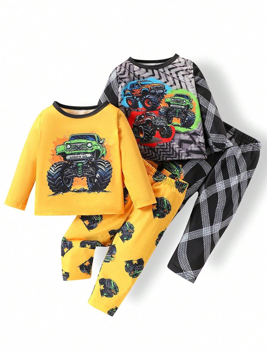 Bộ trang phục 4 món cho bé trai có in hình xe hơi hoạt hình, áo cổ tròn dài tay và quần, thời trang giản dị và thoải mái - Nhiều màu - Xem 1